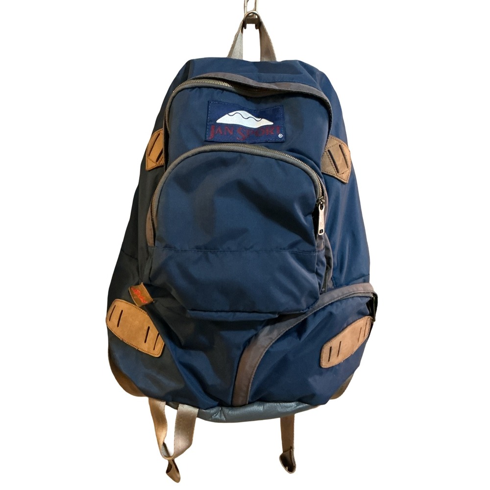 JanSport Skip Yowell Vintage Backpack Navy Blue Leather Lash Tabs Retro Bag